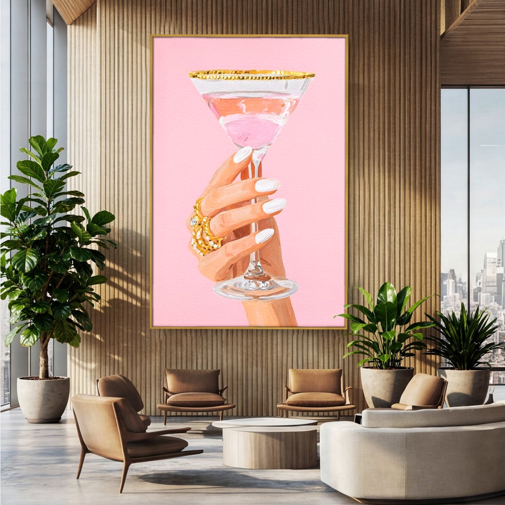 Tablou Canvas Premium, LuxCanva® N1175, Sclipire printre Degete, Cocktail, Bautura, Pahar, Bijuterii, Aur, Roz, Pub, Bar, Lounge, Restaurant, Bucatarie
