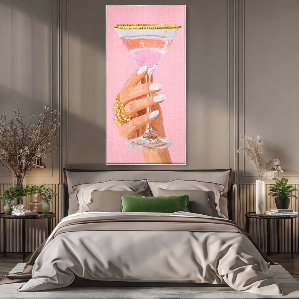 Tablou Canvas Premium, LuxCanva® N1175, Sclipire printre Degete, Cocktail, Bautura, Pahar, Bijuterii, Aur, Roz, Pub, Bar, Lounge, Restaurant, Bucatarie