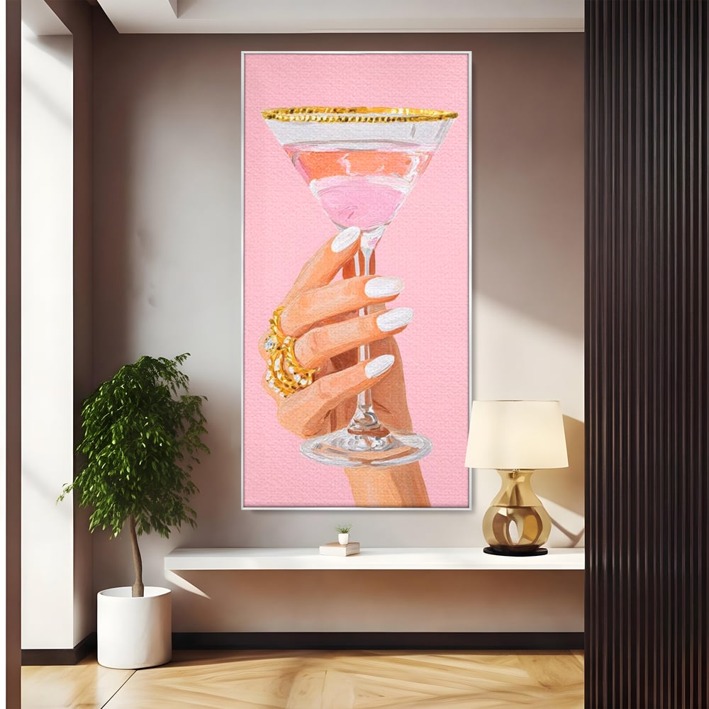 Tablou Canvas Premium, LuxCanva® N1175, Sclipire printre Degete, Cocktail, Bautura, Pahar, Bijuterii, Aur, Roz, Pub, Bar, Lounge, Restaurant, Bucatarie