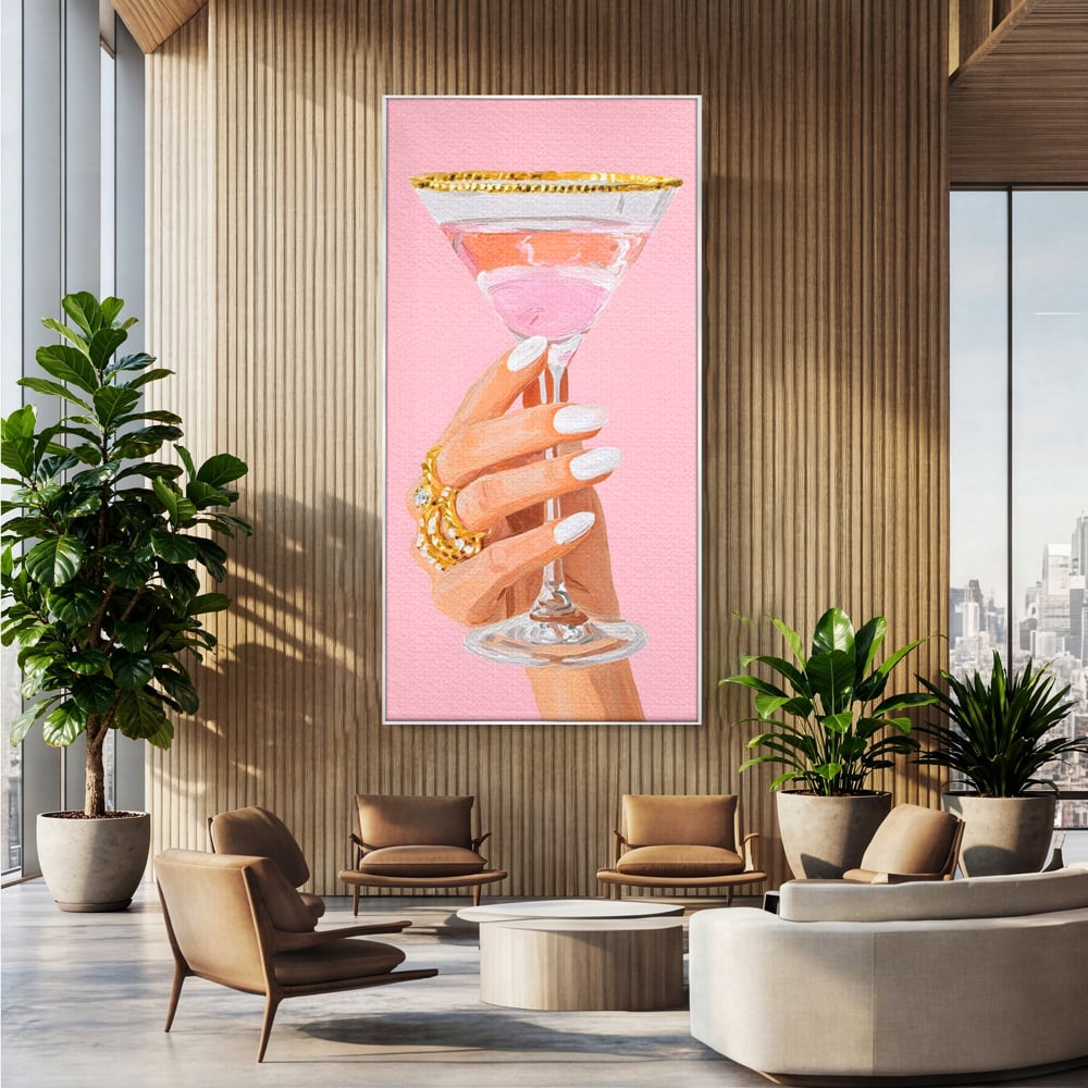 Tablou Canvas Premium, LuxCanva® N1175, Sclipire printre Degete, Cocktail, Bautura, Pahar, Bijuterii, Aur, Roz, Pub, Bar, Lounge, Restaurant, Bucatarie