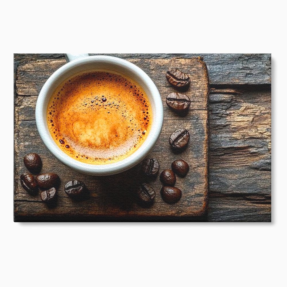 Leinwand Premium Leinwandbilder, LuxCanva® N1176, Magie des Morgens, Espresso, Kaffeebohnen, Tasse, Rustikal, Holz, Café, Kneipe, Pub, Bar, Lounge, Restaurant, Küche