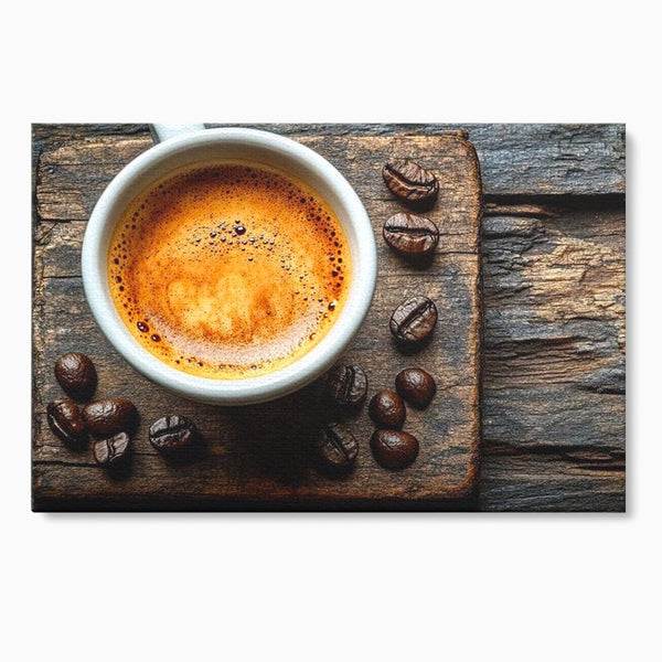 Leinwand Premium Leinwandbilder, LuxCanva® N1176, Magie des Morgens, Espresso, Kaffeebohnen, Tasse, Rustikal, Holz, Café, Kneipe, Pub, Bar, Lounge, Restaurant, Küche