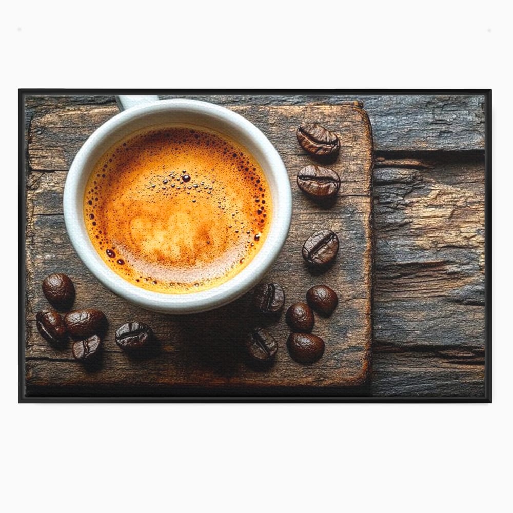 Leinwand Premium Leinwandbilder, LuxCanva® N1176, Magie des Morgens, Espresso, Kaffeebohnen, Tasse, Rustikal, Holz, Café, Kneipe, Pub, Bar, Lounge, Restaurant, Küche