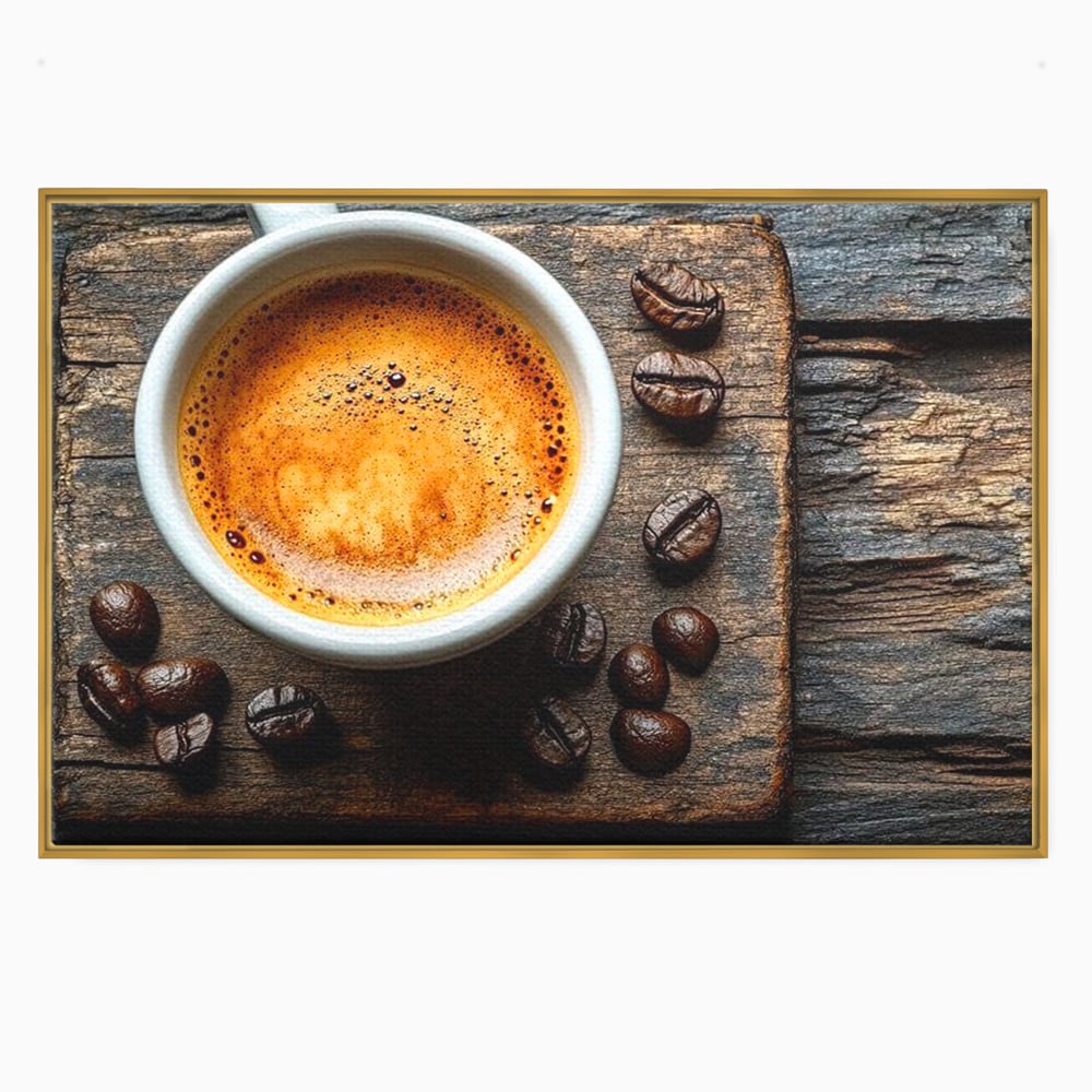 Leinwand Premium Leinwandbilder, LuxCanva® N1176, Magie des Morgens, Espresso, Kaffeebohnen, Tasse, Rustikal, Holz, Café, Kneipe, Pub, Bar, Lounge, Restaurant, Küche