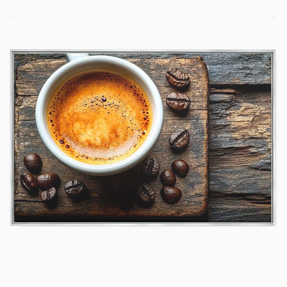 Leinwand Premium Leinwandbilder, LuxCanva® N1176, Magie des Morgens, Espresso, Kaffeebohnen, Tasse, Rustikal, Holz, Café, Kneipe, Pub, Bar, Lounge, Restaurant, Küche