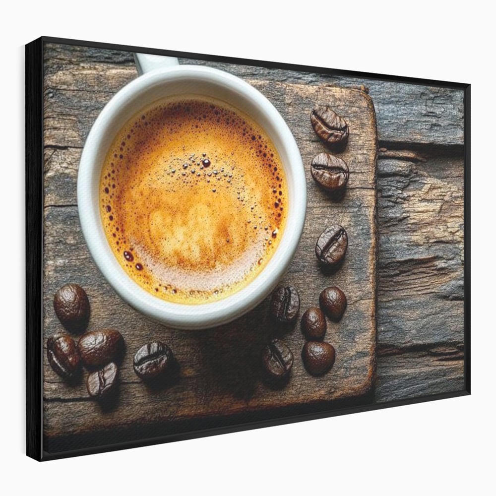 Leinwand Premium Leinwandbilder, LuxCanva® N1176, Magie des Morgens, Espresso, Kaffeebohnen, Tasse, Rustikal, Holz, Café, Kneipe, Pub, Bar, Lounge, Restaurant, Küche