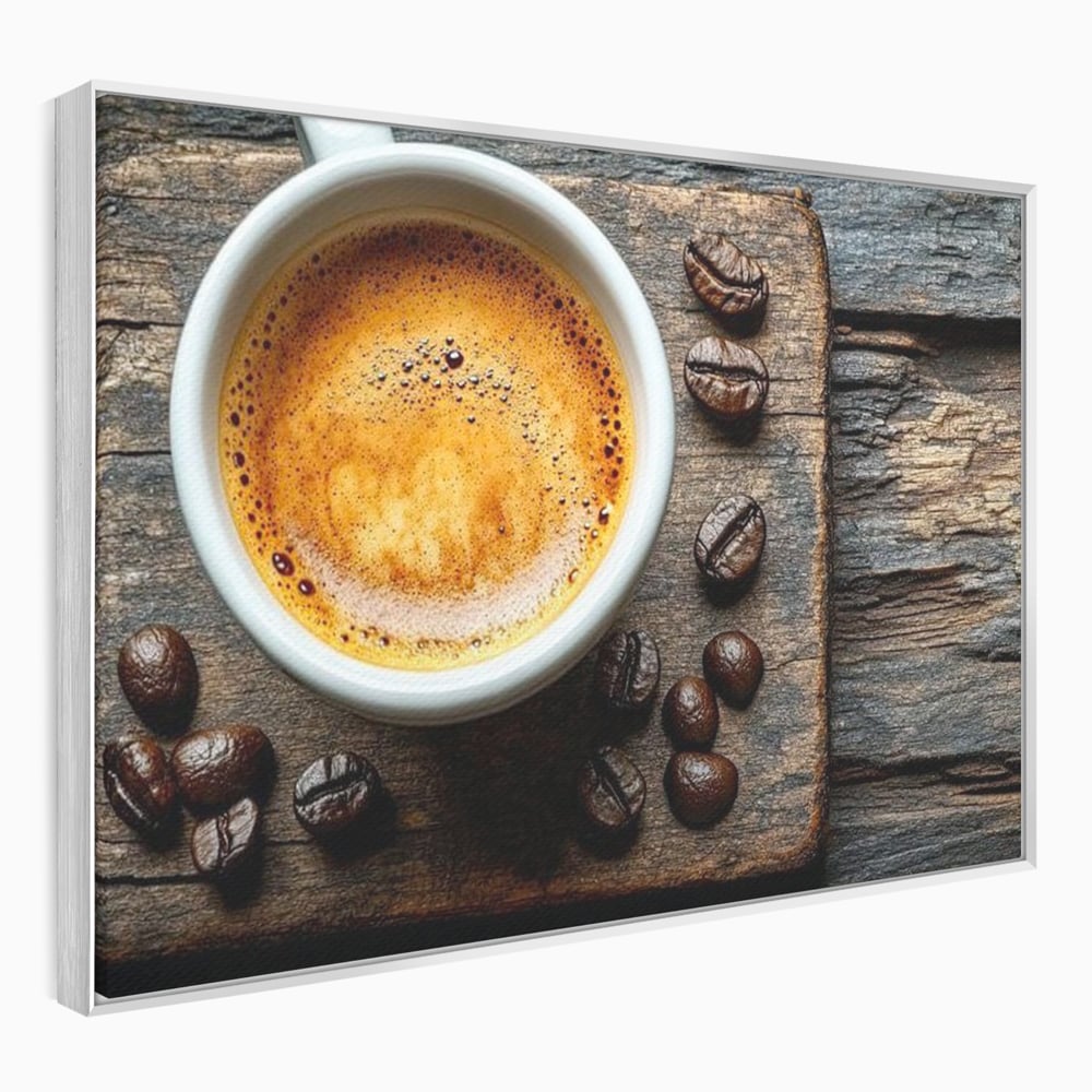 Leinwand Premium Leinwandbilder, LuxCanva® N1176, Magie des Morgens, Espresso, Kaffeebohnen, Tasse, Rustikal, Holz, Café, Kneipe, Pub, Bar, Lounge, Restaurant, Küche