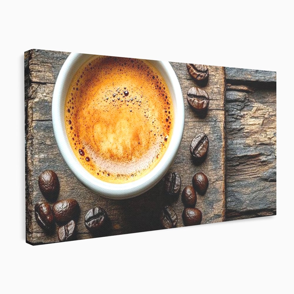 Leinwand Premium Leinwandbilder, LuxCanva® N1176, Magie des Morgens, Espresso, Kaffeebohnen, Tasse, Rustikal, Holz, Café, Kneipe, Pub, Bar, Lounge, Restaurant, Küche