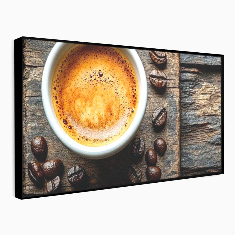 Leinwand Premium Leinwandbilder, LuxCanva® N1176, Magie des Morgens, Espresso, Kaffeebohnen, Tasse, Rustikal, Holz, Café, Kneipe, Pub, Bar, Lounge, Restaurant, Küche