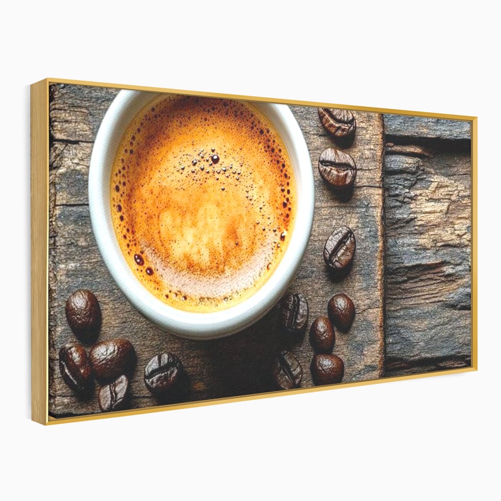 Leinwand Premium Leinwandbilder, LuxCanva® N1176, Magie des Morgens, Espresso, Kaffeebohnen, Tasse, Rustikal, Holz, Café, Kneipe, Pub, Bar, Lounge, Restaurant, Küche