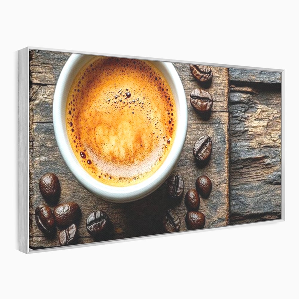 Leinwand Premium Leinwandbilder, LuxCanva® N1176, Magie des Morgens, Espresso, Kaffeebohnen, Tasse, Rustikal, Holz, Café, Kneipe, Pub, Bar, Lounge, Restaurant, Küche