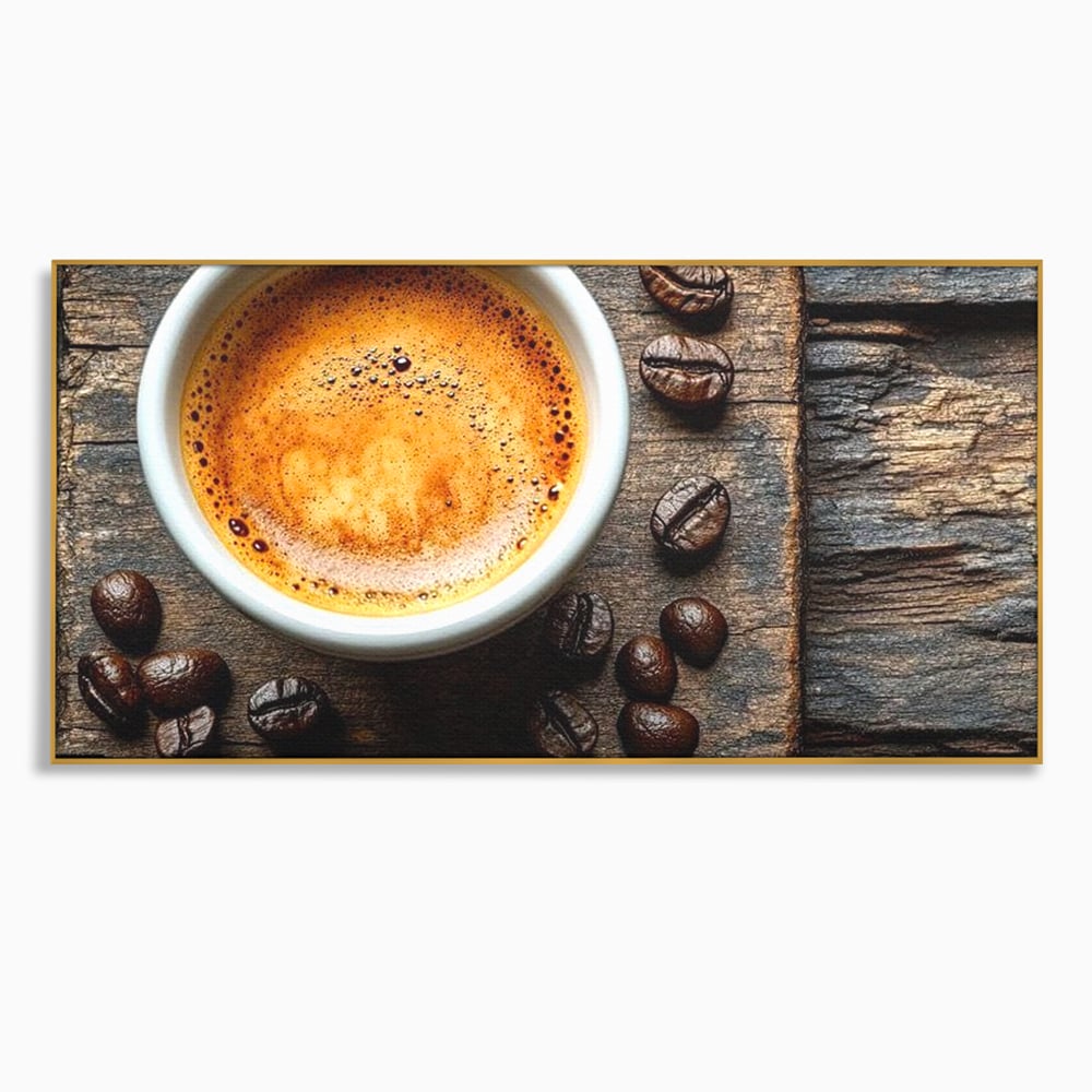 Leinwand Premium Leinwandbilder, LuxCanva® N1176, Magie des Morgens, Espresso, Kaffeebohnen, Tasse, Rustikal, Holz, Café, Kneipe, Pub, Bar, Lounge, Restaurant, Küche