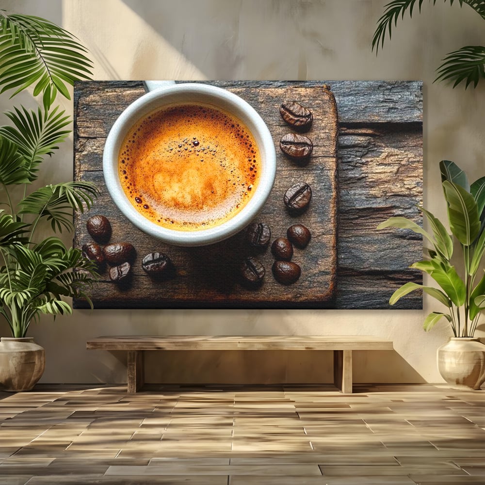 Leinwand Premium Leinwandbilder, LuxCanva® N1176, Magie des Morgens, Espresso, Kaffeebohnen, Tasse, Rustikal, Holz, Café, Kneipe, Pub, Bar, Lounge, Restaurant, Küche