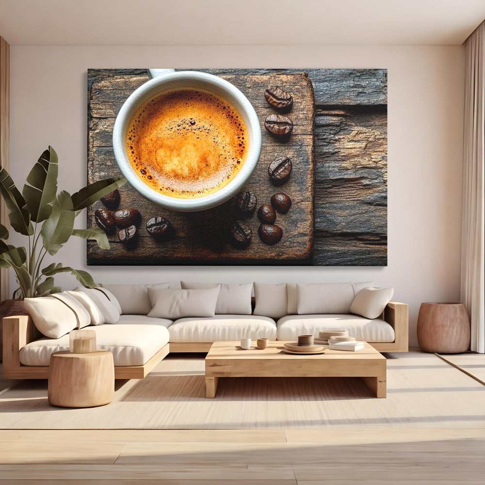 Leinwand Premium Leinwandbilder, LuxCanva® N1176, Magie des Morgens, Espresso, Kaffeebohnen, Tasse, Rustikal, Holz, Café, Kneipe, Pub, Bar, Lounge, Restaurant, Küche