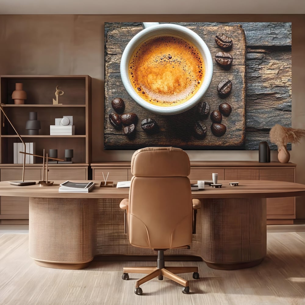 Leinwand Premium Leinwandbilder, LuxCanva® N1176, Magie des Morgens, Espresso, Kaffeebohnen, Tasse, Rustikal, Holz, Café, Kneipe, Pub, Bar, Lounge, Restaurant, Küche
