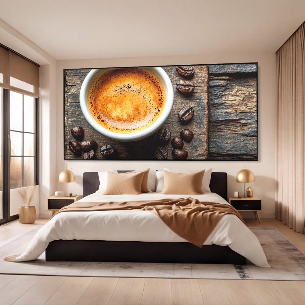 Leinwand Premium Leinwandbilder, LuxCanva® N1176, Magie des Morgens, Espresso, Kaffeebohnen, Tasse, Rustikal, Holz, Café, Kneipe, Pub, Bar, Lounge, Restaurant, Küche