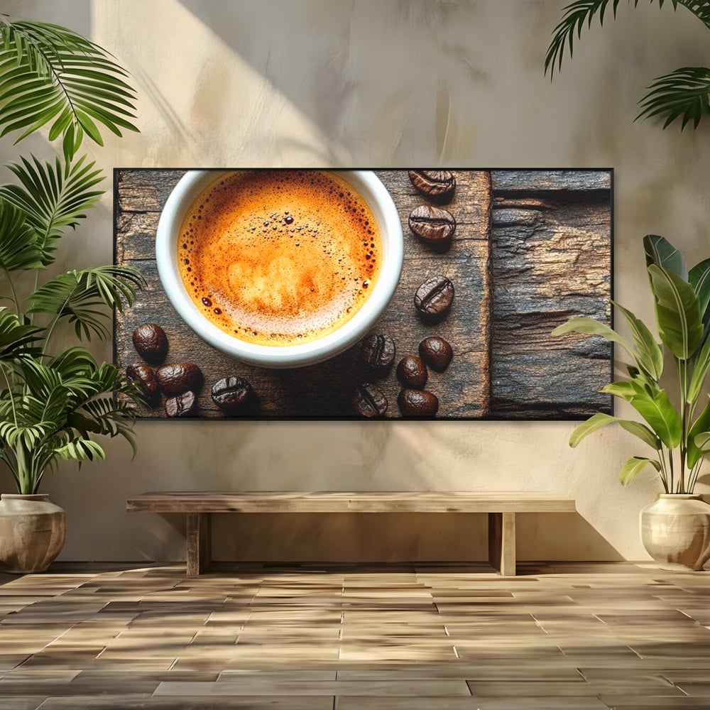 Leinwand Premium Leinwandbilder, LuxCanva® N1176, Magie des Morgens, Espresso, Kaffeebohnen, Tasse, Rustikal, Holz, Café, Kneipe, Pub, Bar, Lounge, Restaurant, Küche