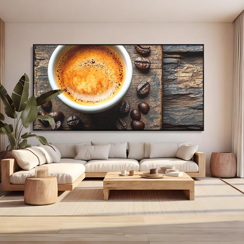 Leinwand Premium Leinwandbilder, LuxCanva® N1176, Magie des Morgens, Espresso, Kaffeebohnen, Tasse, Rustikal, Holz, Café, Kneipe, Pub, Bar, Lounge, Restaurant, Küche