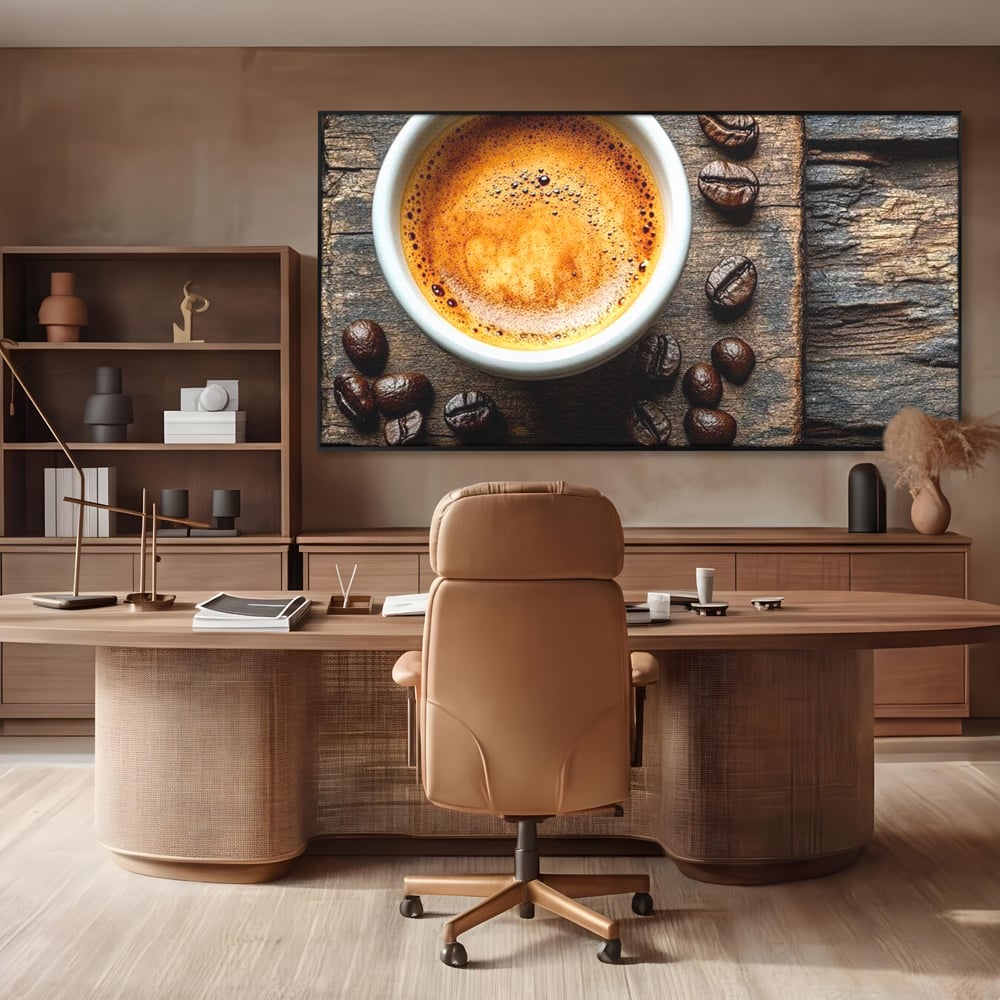 Leinwand Premium Leinwandbilder, LuxCanva® N1176, Magie des Morgens, Espresso, Kaffeebohnen, Tasse, Rustikal, Holz, Café, Kneipe, Pub, Bar, Lounge, Restaurant, Küche