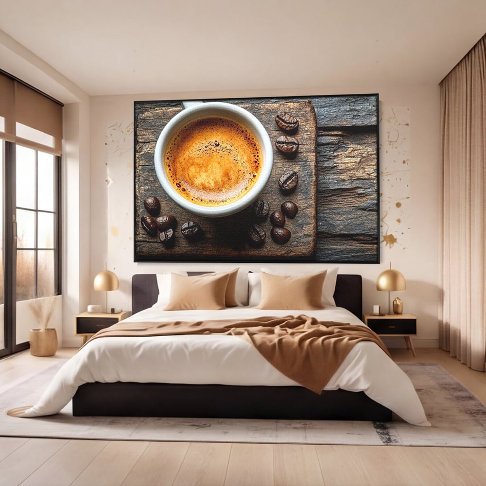 Leinwand Premium Leinwandbilder, LuxCanva® N1176, Magie des Morgens, Espresso, Kaffeebohnen, Tasse, Rustikal, Holz, Café, Kneipe, Pub, Bar, Lounge, Restaurant, Küche