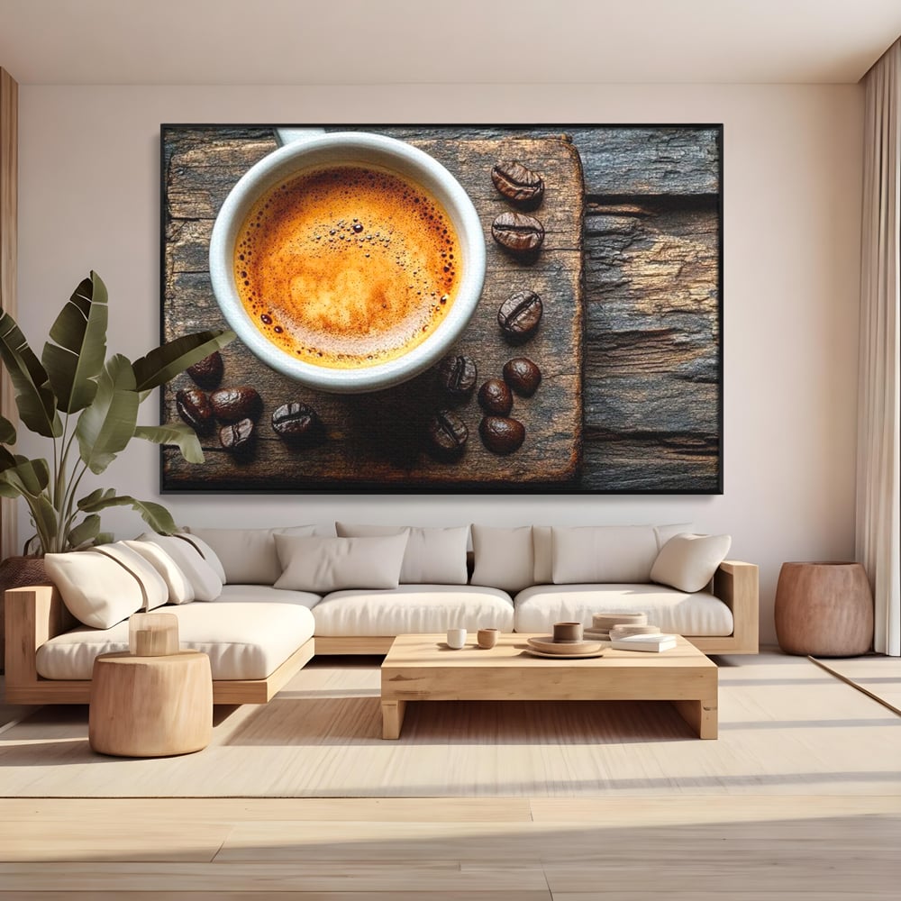 Leinwand Premium Leinwandbilder, LuxCanva® N1176, Magie des Morgens, Espresso, Kaffeebohnen, Tasse, Rustikal, Holz, Café, Kneipe, Pub, Bar, Lounge, Restaurant, Küche