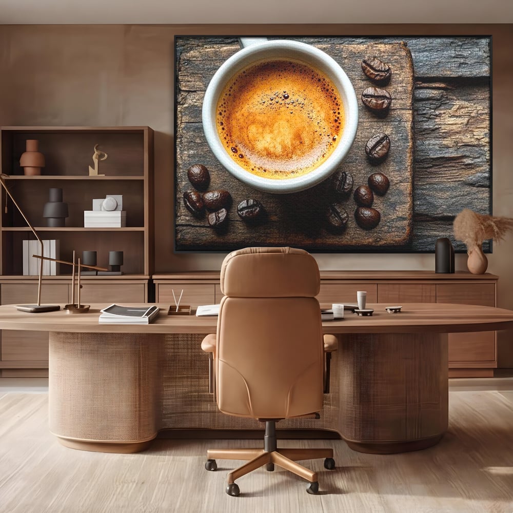 Leinwand Premium Leinwandbilder, LuxCanva® N1176, Magie des Morgens, Espresso, Kaffeebohnen, Tasse, Rustikal, Holz, Café, Kneipe, Pub, Bar, Lounge, Restaurant, Küche
