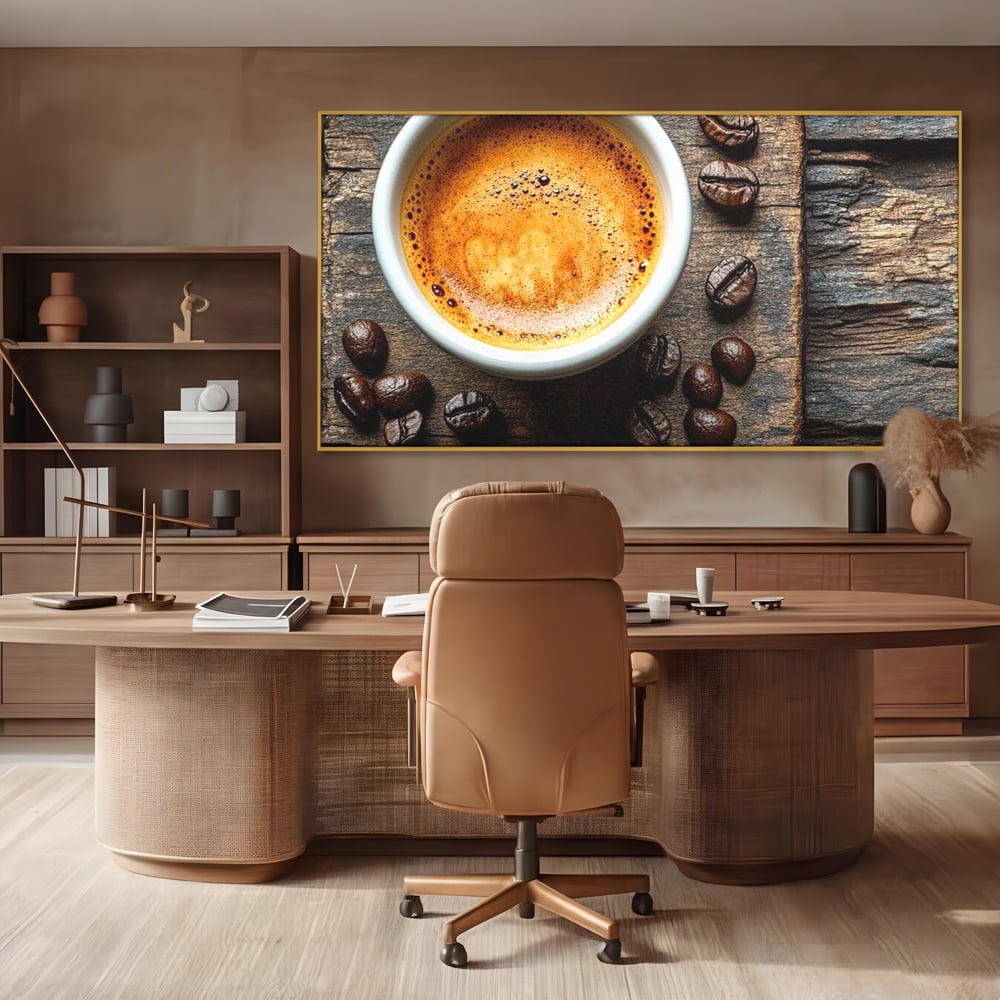 Leinwand Premium Leinwandbilder, LuxCanva® N1176, Magie des Morgens, Espresso, Kaffeebohnen, Tasse, Rustikal, Holz, Café, Kneipe, Pub, Bar, Lounge, Restaurant, Küche