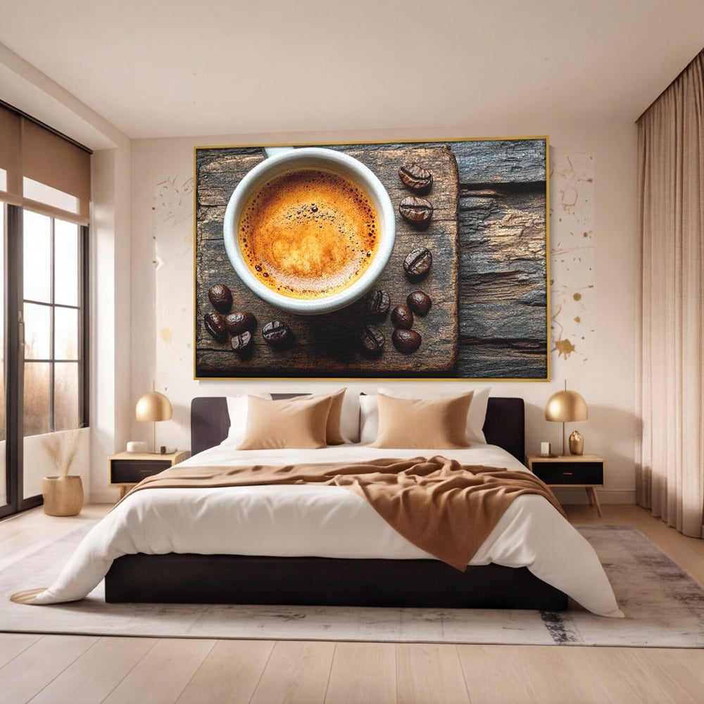 Leinwand Premium Leinwandbilder, LuxCanva® N1176, Magie des Morgens, Espresso, Kaffeebohnen, Tasse, Rustikal, Holz, Café, Kneipe, Pub, Bar, Lounge, Restaurant, Küche