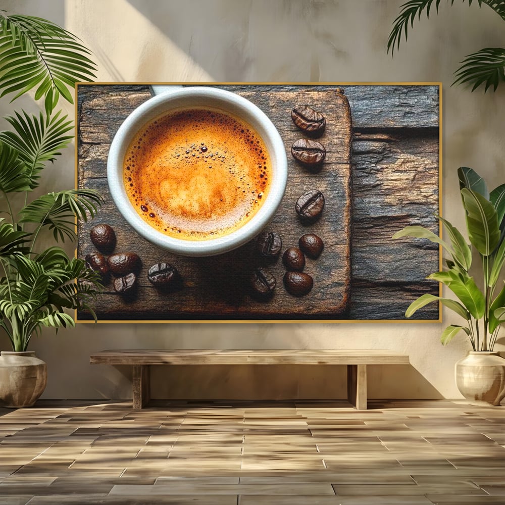 Leinwand Premium Leinwandbilder, LuxCanva® N1176, Magie des Morgens, Espresso, Kaffeebohnen, Tasse, Rustikal, Holz, Café, Kneipe, Pub, Bar, Lounge, Restaurant, Küche