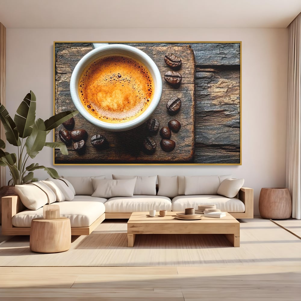 Leinwand Premium Leinwandbilder, LuxCanva® N1176, Magie des Morgens, Espresso, Kaffeebohnen, Tasse, Rustikal, Holz, Café, Kneipe, Pub, Bar, Lounge, Restaurant, Küche