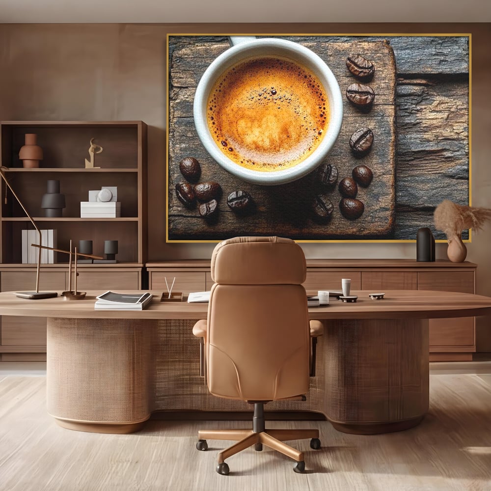 Leinwand Premium Leinwandbilder, LuxCanva® N1176, Magie des Morgens, Espresso, Kaffeebohnen, Tasse, Rustikal, Holz, Café, Kneipe, Pub, Bar, Lounge, Restaurant, Küche