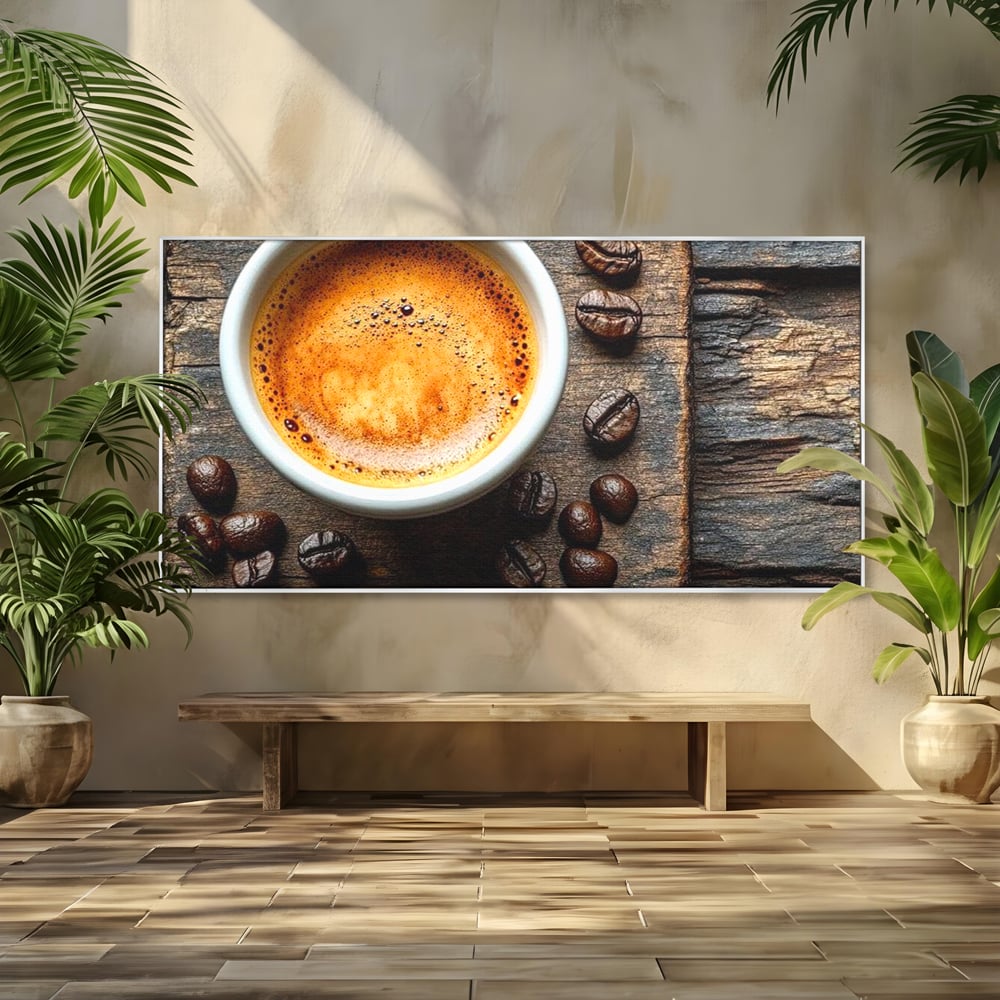Leinwand Premium Leinwandbilder, LuxCanva® N1176, Magie des Morgens, Espresso, Kaffeebohnen, Tasse, Rustikal, Holz, Café, Kneipe, Pub, Bar, Lounge, Restaurant, Küche