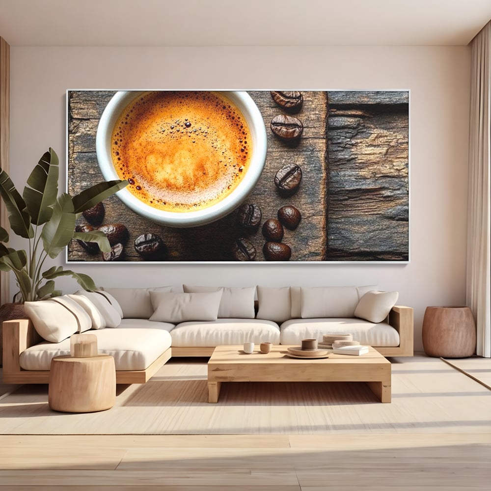 Leinwand Premium Leinwandbilder, LuxCanva® N1176, Magie des Morgens, Espresso, Kaffeebohnen, Tasse, Rustikal, Holz, Café, Kneipe, Pub, Bar, Lounge, Restaurant, Küche