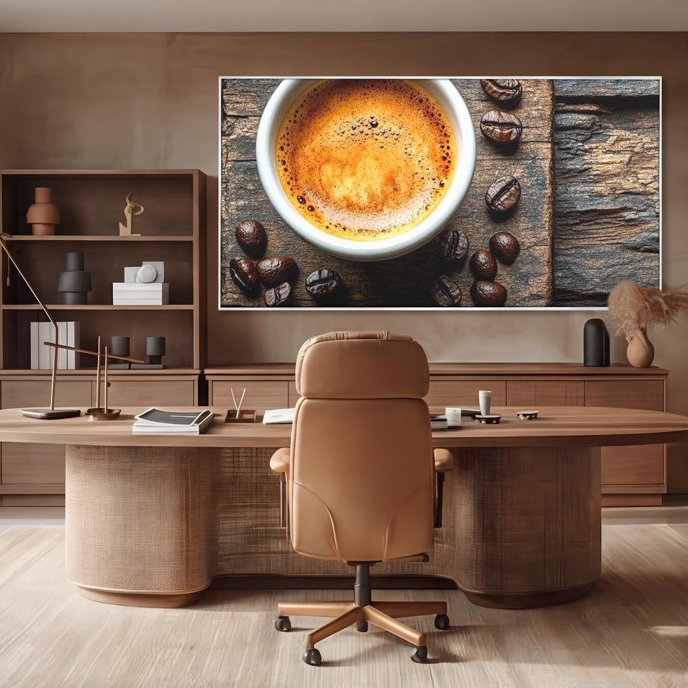 Leinwand Premium Leinwandbilder, LuxCanva® N1176, Magie des Morgens, Espresso, Kaffeebohnen, Tasse, Rustikal, Holz, Café, Kneipe, Pub, Bar, Lounge, Restaurant, Küche