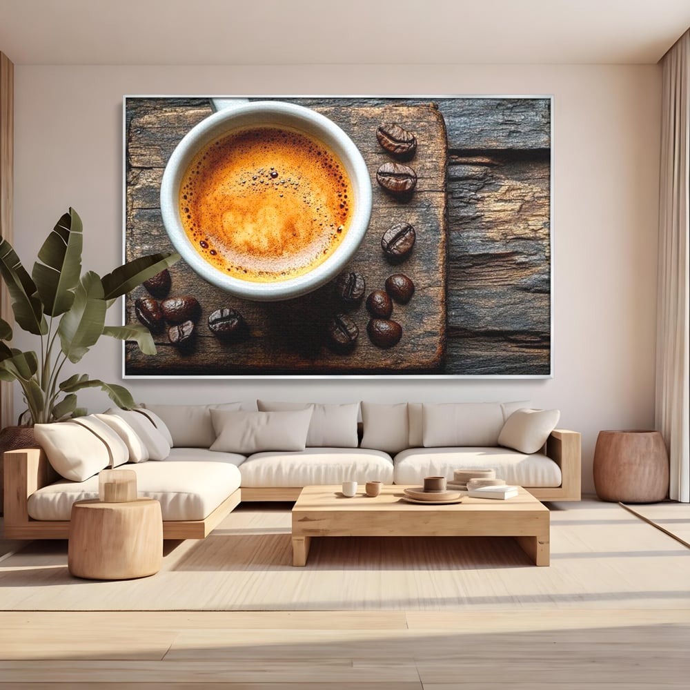 Leinwand Premium Leinwandbilder, LuxCanva® N1176, Magie des Morgens, Espresso, Kaffeebohnen, Tasse, Rustikal, Holz, Café, Kneipe, Pub, Bar, Lounge, Restaurant, Küche