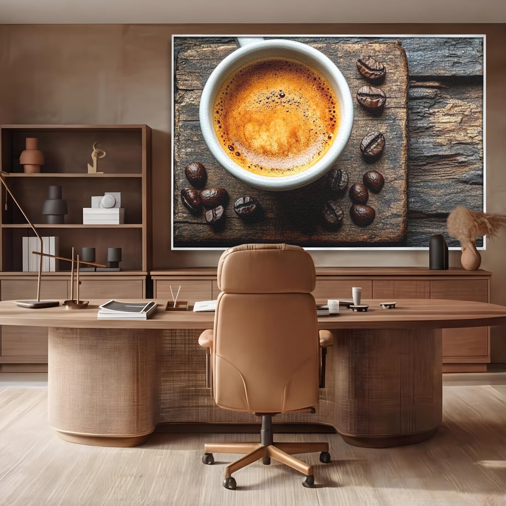 Leinwand Premium Leinwandbilder, LuxCanva® N1176, Magie des Morgens, Espresso, Kaffeebohnen, Tasse, Rustikal, Holz, Café, Kneipe, Pub, Bar, Lounge, Restaurant, Küche