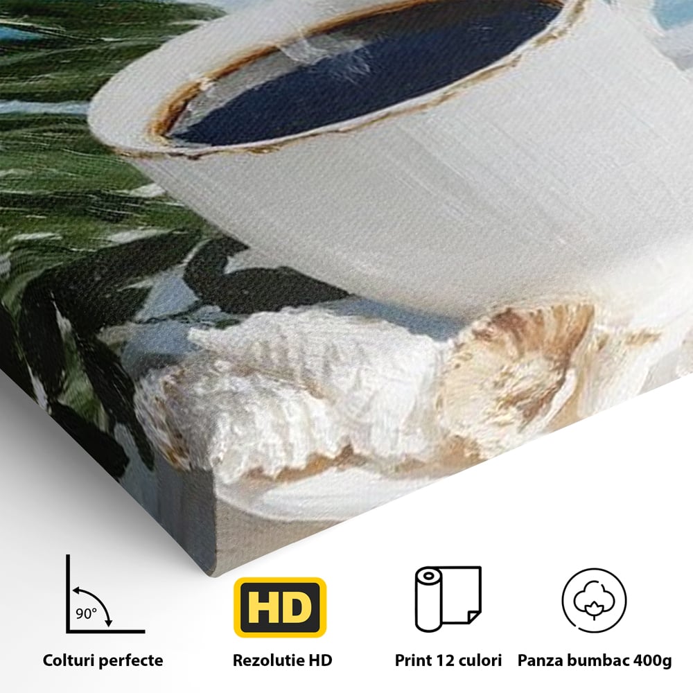 Tablou Canvas Premium, LuxCanva® N1177, Ritual la Tarm, Vacanta, Cozy, Relaxare, Cafea, Exotic, Scoici, Plaja, Cafenea, Pub, Bar, Lounge, Restaurant, Bucatarie