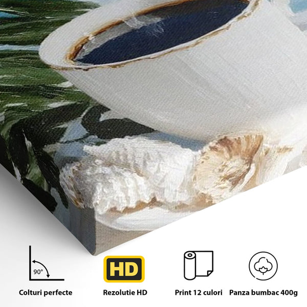 Tablou Canvas Premium, LuxCanva® N1177, Ritual la Tarm, Vacanta, Cozy, Relaxare, Cafea, Exotic, Scoici, Plaja, Cafenea, Pub, Bar, Lounge, Restaurant, Bucatarie
