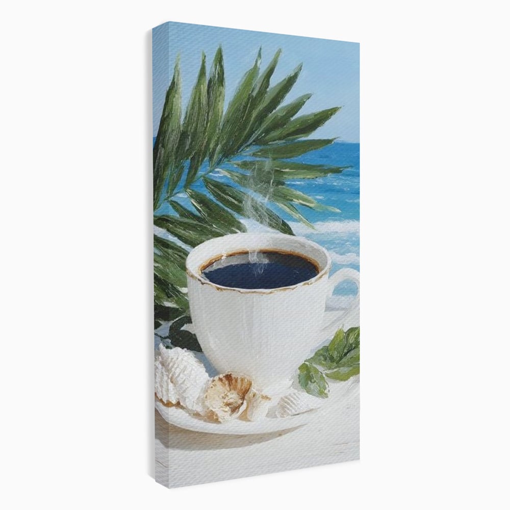 Tablou Canvas Premium, LuxCanva® N1177, Ritual la Tarm, Vacanta, Cozy, Relaxare, Cafea, Exotic, Scoici, Plaja, Cafenea, Pub, Bar, Lounge, Restaurant, Bucatarie