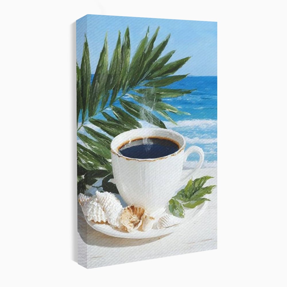 Tablou Canvas Premium, LuxCanva® N1177, Ritual la Tarm, Vacanta, Cozy, Relaxare, Cafea, Exotic, Scoici, Plaja, Cafenea, Pub, Bar, Lounge, Restaurant, Bucatarie