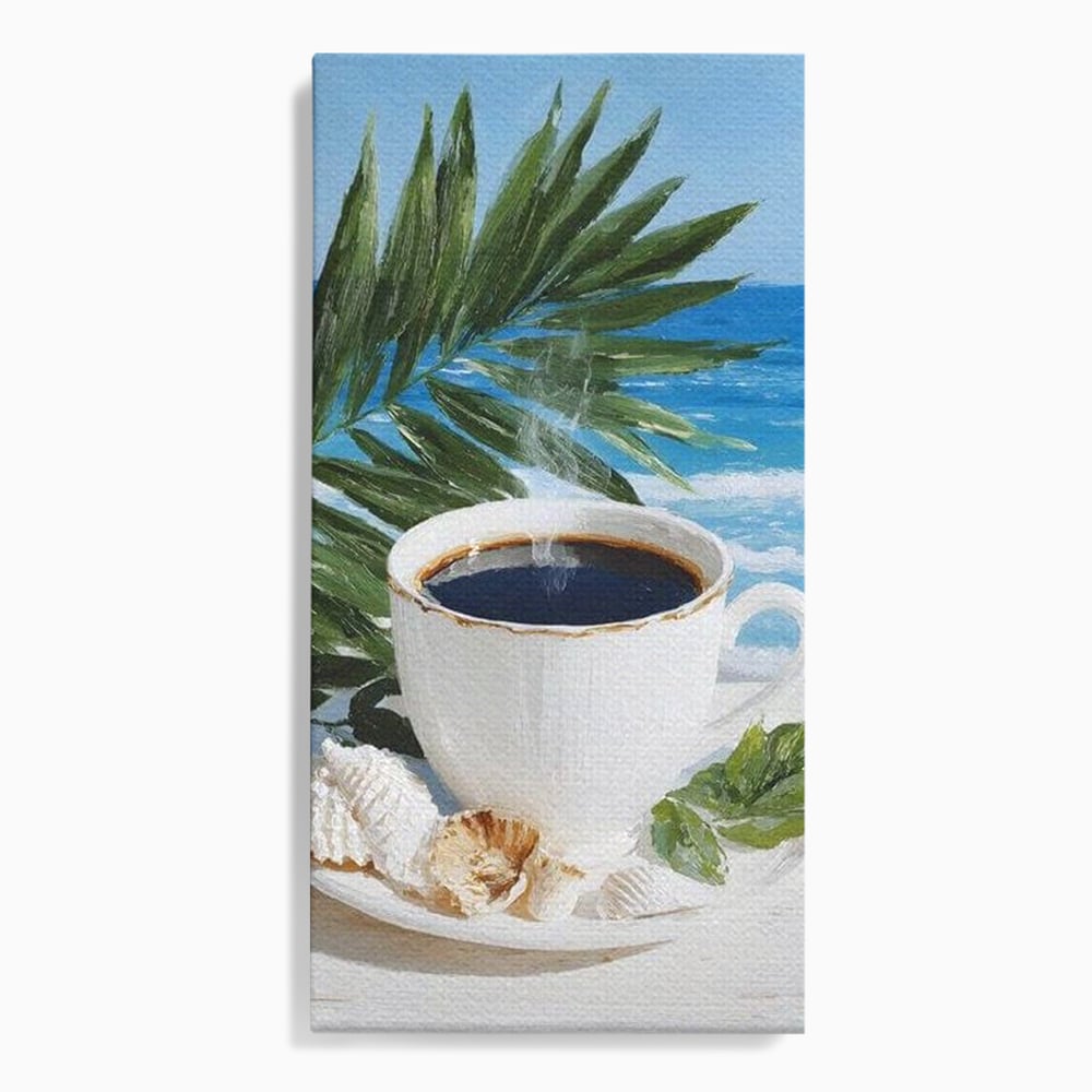 Tablou Canvas Premium, LuxCanva® N1177, Ritual la Tarm, Vacanta, Cozy, Relaxare, Cafea, Exotic, Scoici, Plaja, Cafenea, Pub, Bar, Lounge, Restaurant, Bucatarie