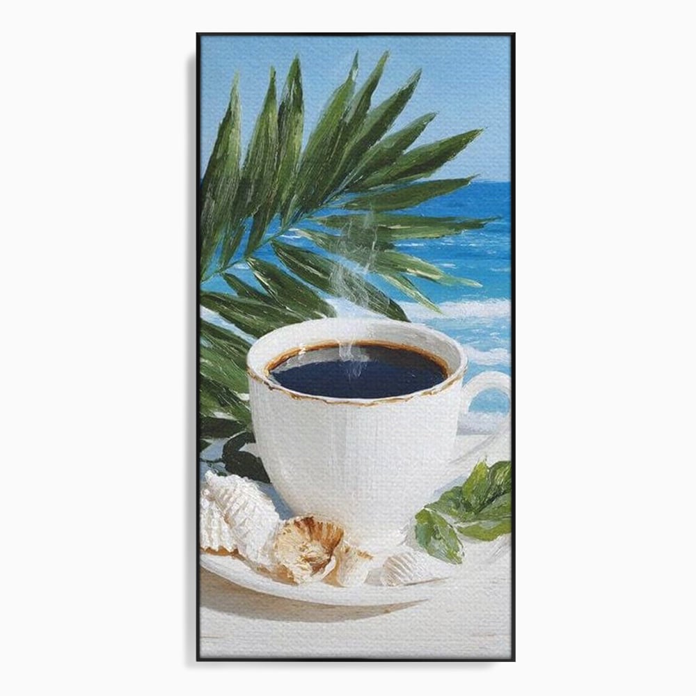 Tablou Canvas Premium, LuxCanva® N1177, Ritual la Tarm, Vacanta, Cozy, Relaxare, Cafea, Exotic, Scoici, Plaja, Cafenea, Pub, Bar, Lounge, Restaurant, Bucatarie