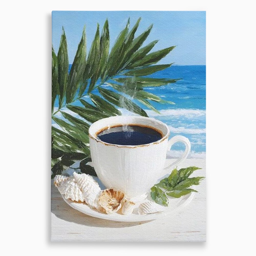Tablou Canvas Premium, LuxCanva® N1177, Ritual la Tarm, Vacanta, Cozy, Relaxare, Cafea, Exotic, Scoici, Plaja, Cafenea, Pub, Bar, Lounge, Restaurant, Bucatarie