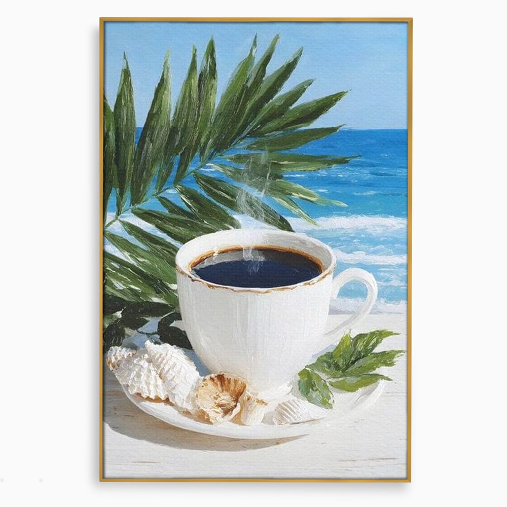 Tablou Canvas Premium, LuxCanva® N1177, Ritual la Tarm, Vacanta, Cozy, Relaxare, Cafea, Exotic, Scoici, Plaja, Cafenea, Pub, Bar, Lounge, Restaurant, Bucatarie