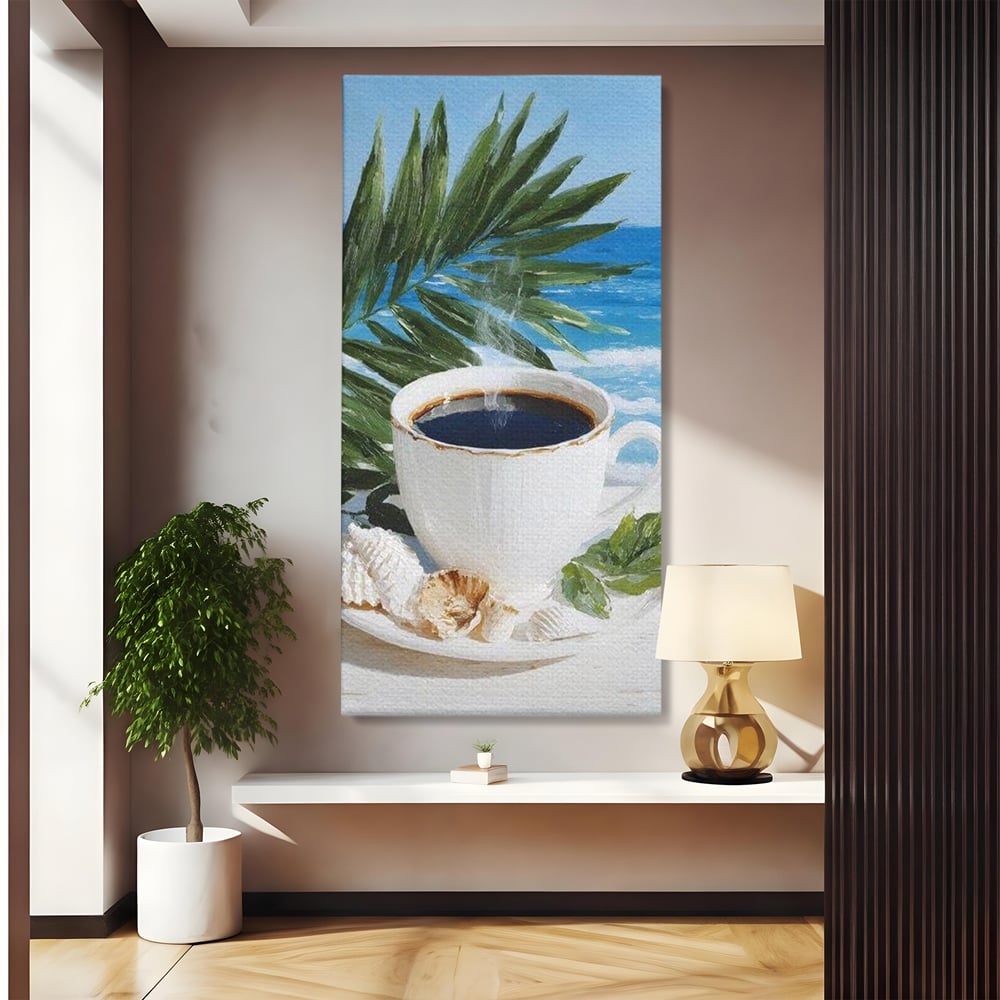 Tablou Canvas Premium, LuxCanva® N1177, Ritual la Tarm, Vacanta, Cozy, Relaxare, Cafea, Exotic, Scoici, Plaja, Cafenea, Pub, Bar, Lounge, Restaurant, Bucatarie