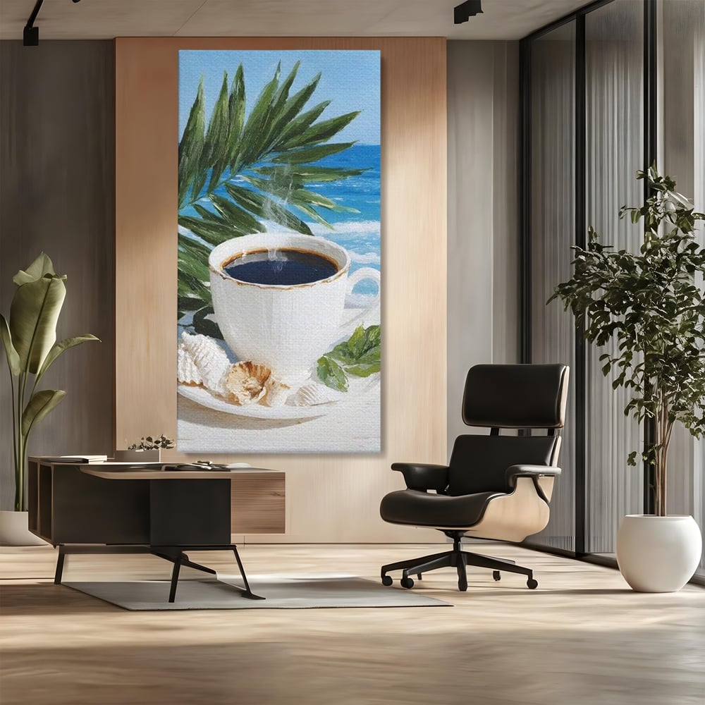 Tablou Canvas Premium, LuxCanva® N1177, Ritual la Tarm, Vacanta, Cozy, Relaxare, Cafea, Exotic, Scoici, Plaja, Cafenea, Pub, Bar, Lounge, Restaurant, Bucatarie
