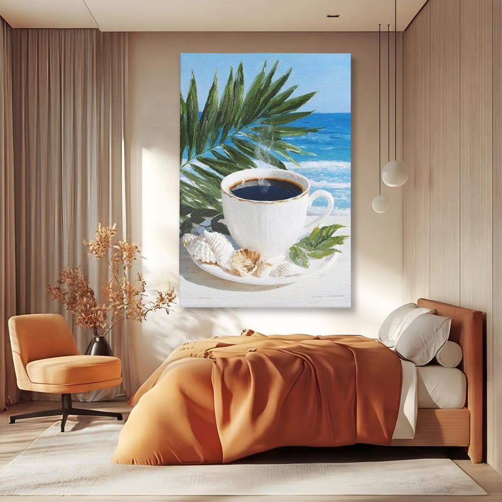 Tablou Canvas Premium, LuxCanva® N1177, Ritual la Tarm, Vacanta, Cozy, Relaxare, Cafea, Exotic, Scoici, Plaja, Cafenea, Pub, Bar, Lounge, Restaurant, Bucatarie