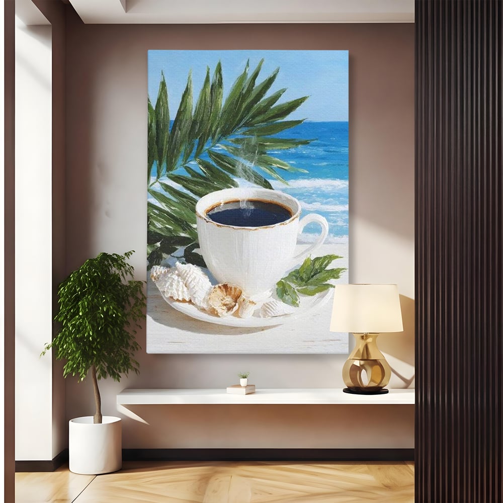 Tablou Canvas Premium, LuxCanva® N1177, Ritual la Tarm, Vacanta, Cozy, Relaxare, Cafea, Exotic, Scoici, Plaja, Cafenea, Pub, Bar, Lounge, Restaurant, Bucatarie