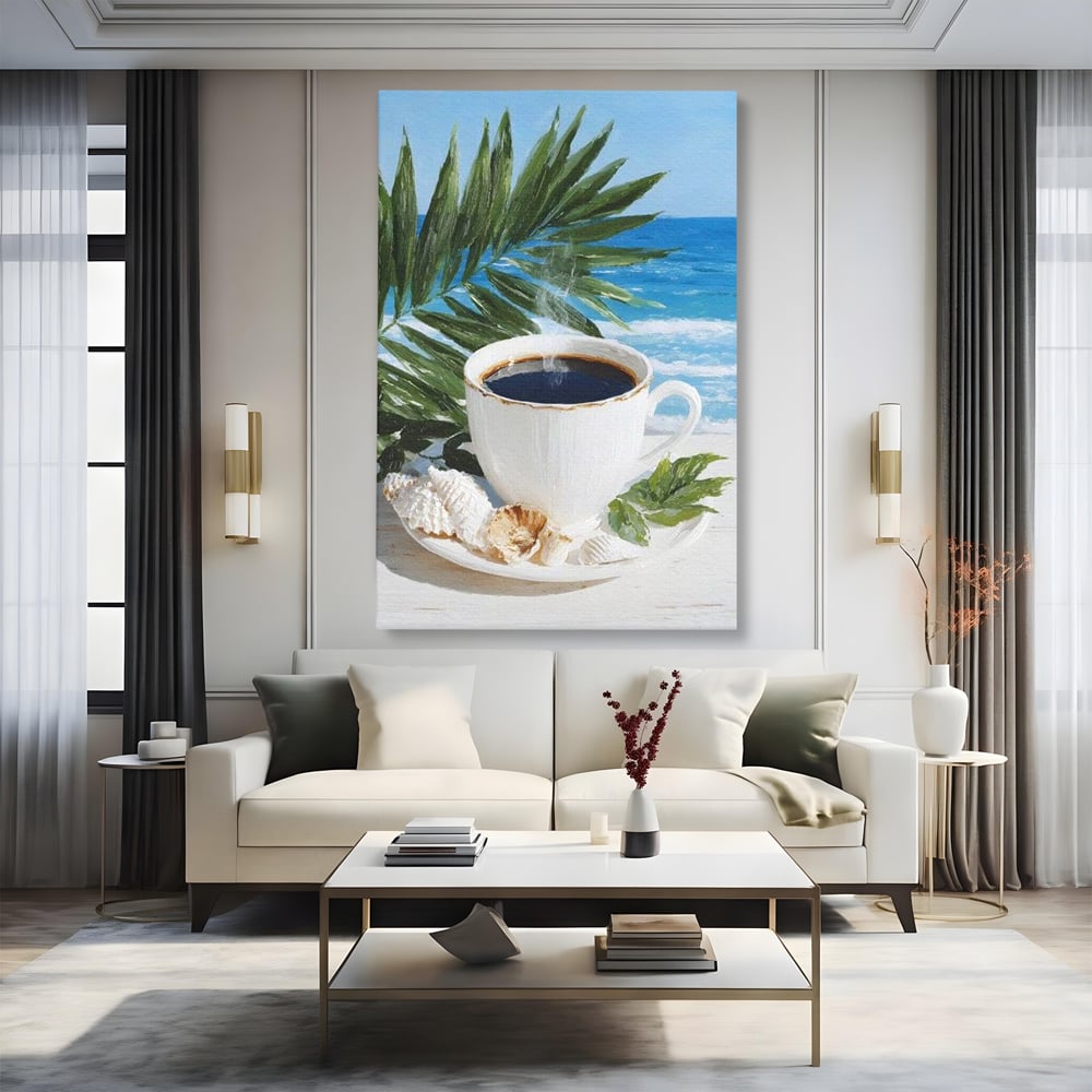 Tablou Canvas Premium, LuxCanva® N1177, Ritual la Tarm, Vacanta, Cozy, Relaxare, Cafea, Exotic, Scoici, Plaja, Cafenea, Pub, Bar, Lounge, Restaurant, Bucatarie