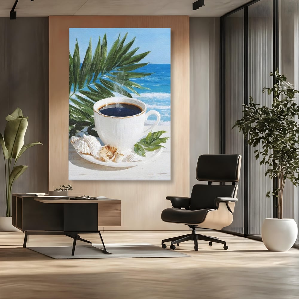 Tablou Canvas Premium, LuxCanva® N1177, Ritual la Tarm, Vacanta, Cozy, Relaxare, Cafea, Exotic, Scoici, Plaja, Cafenea, Pub, Bar, Lounge, Restaurant, Bucatarie